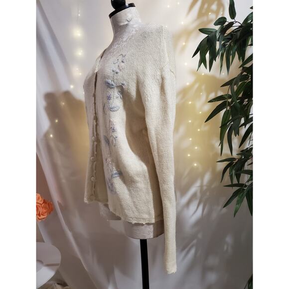 Vtg NWB Casuals Embroidered Floral Mohair Ramie Button Cardigan Sweater Size L - Picture 2 of 10